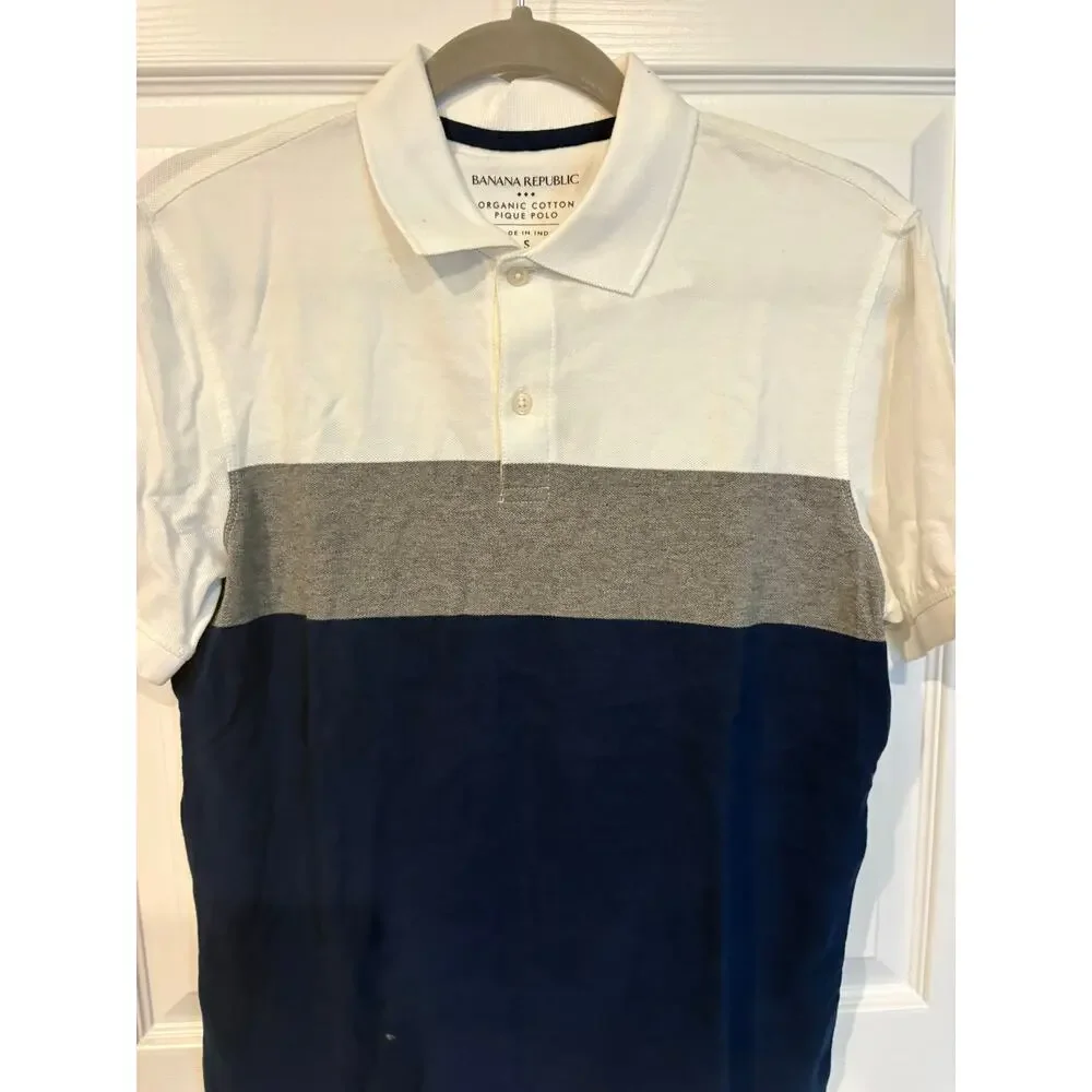 Banana Republic Organic Cotton Pique Polo Colorblock White Gray Blue Small
